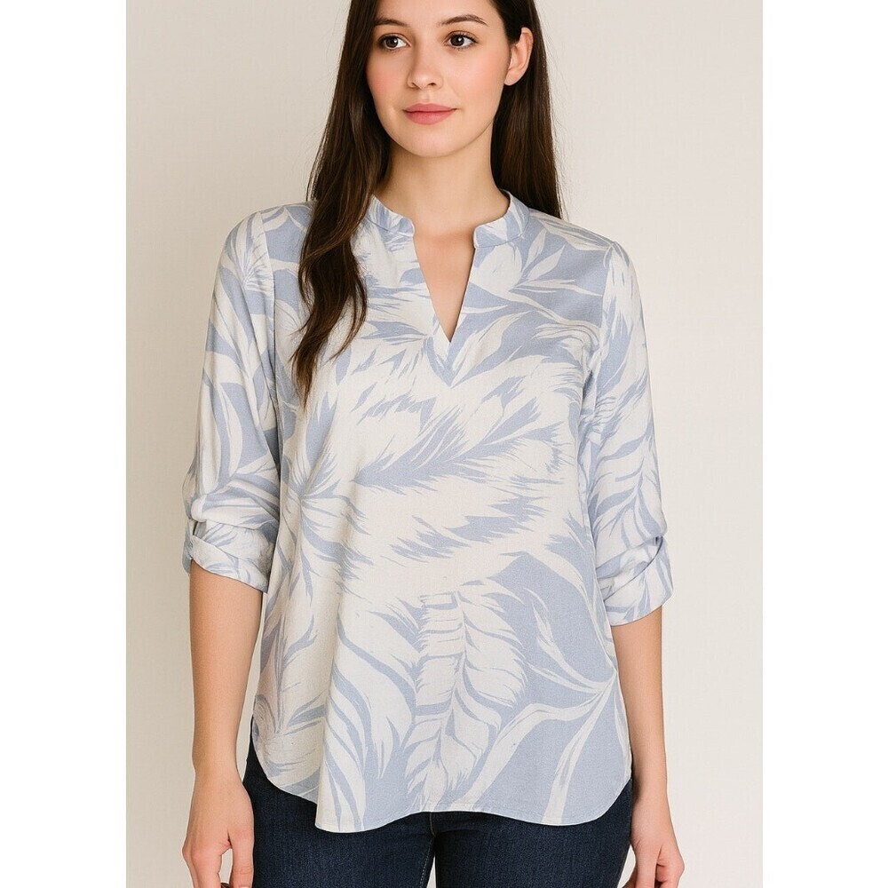 Adrienne Vittadini top blouse lightweight white blue pop over SZ SM roll tab